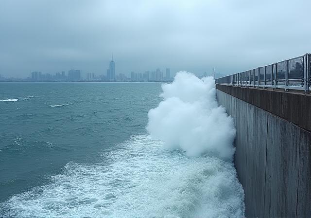 Large scale seawall protecting Busan coastline from high waves